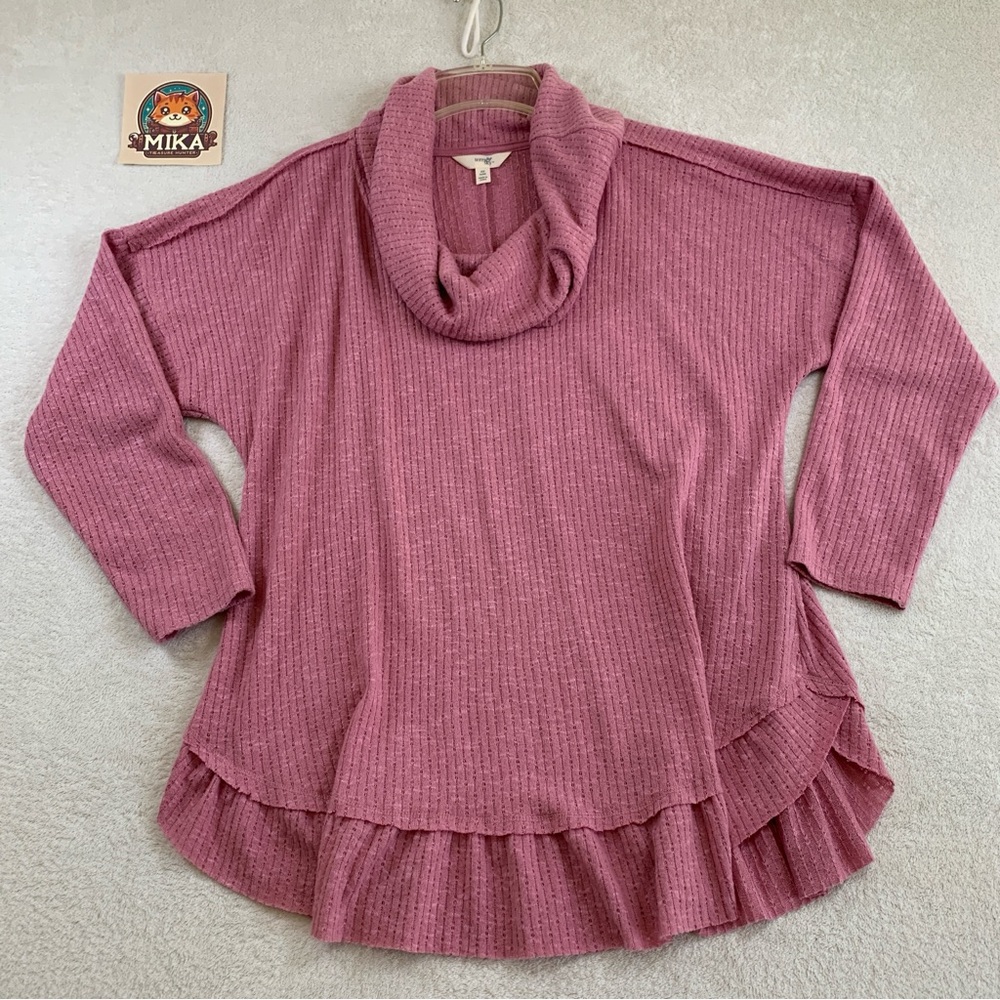 Terra & Sky Woman's Long Sleeve Cowl Neck Ruffle Top Pink Plus‎ Size 0X (14W)